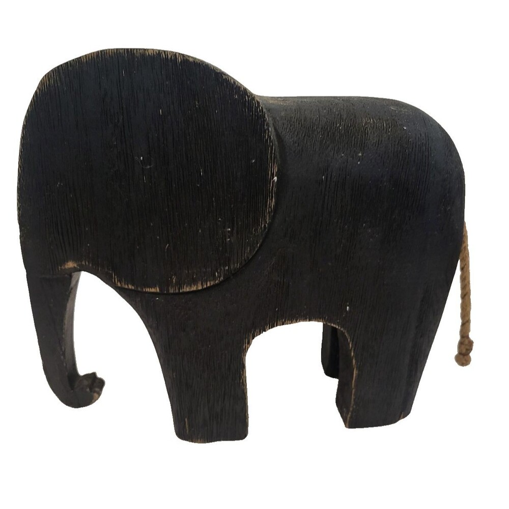 Large 12" Hand Carved Wooden Elephant Statue 10" Tall Handmade Wood Decor